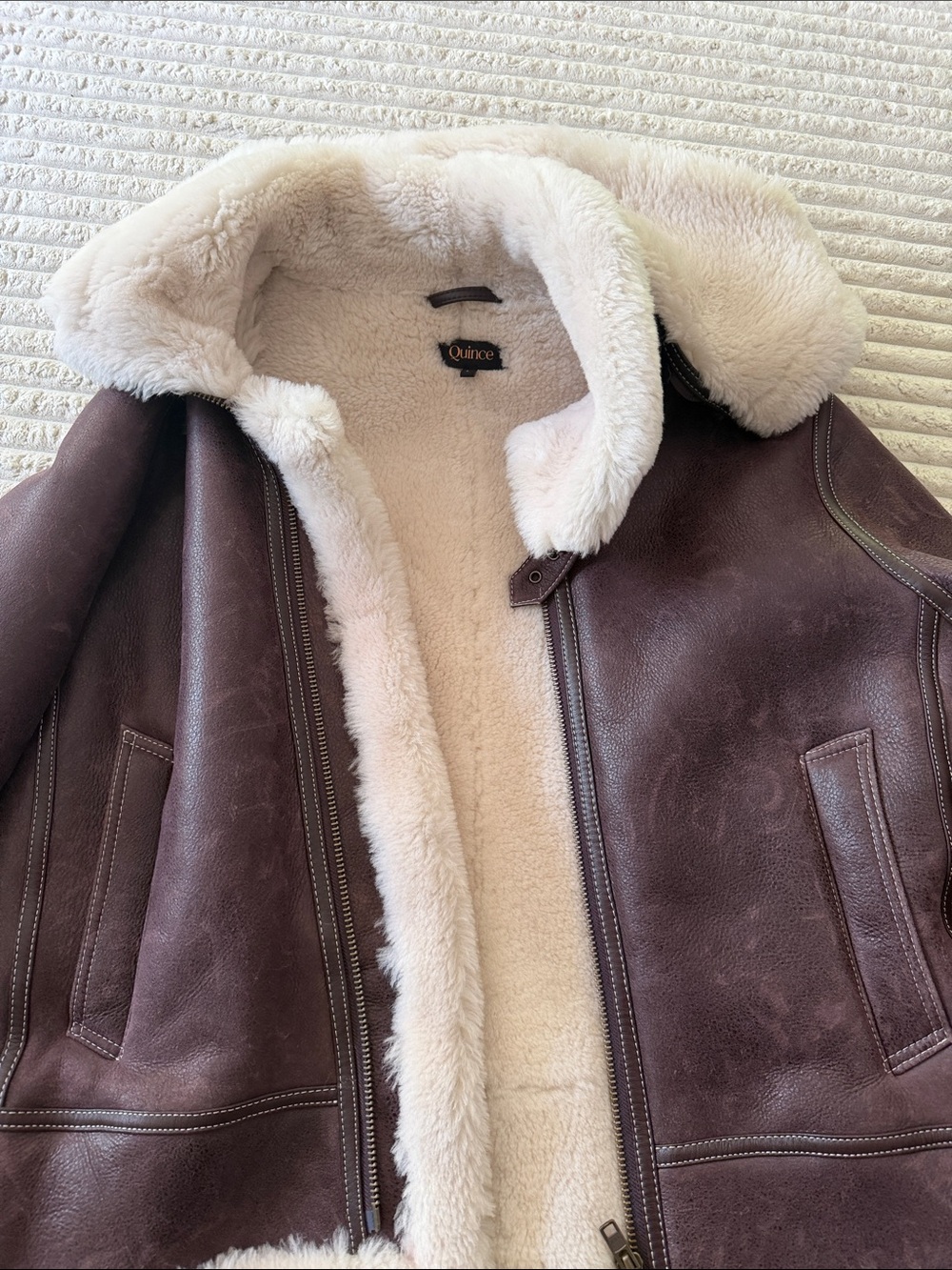 Quince Brown Leather Aviator Jacket with Cream Shearling